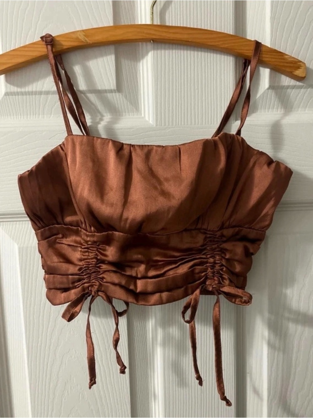 Forever 21 Satin Ruched Crop Cami in Copper Brown
